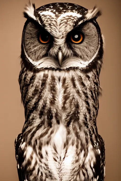 Image similar to front of owl wearing biker jacket, portrait photo, full body, backlit, studio photo, golden ratio