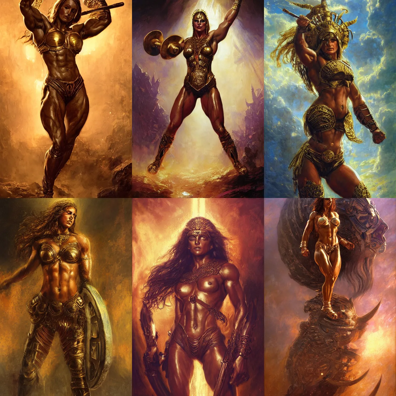 Prompt: handsome full body portrait of a spartan woman bodybuilder posing, radiant light, caustics, war hero, psychedelic dmt, by gaston bussiere, bayard wu, greg rutkowski, giger, maxim verehin, golden halo, golden shining eyes, heavy golden armour, bollywood action movie poster