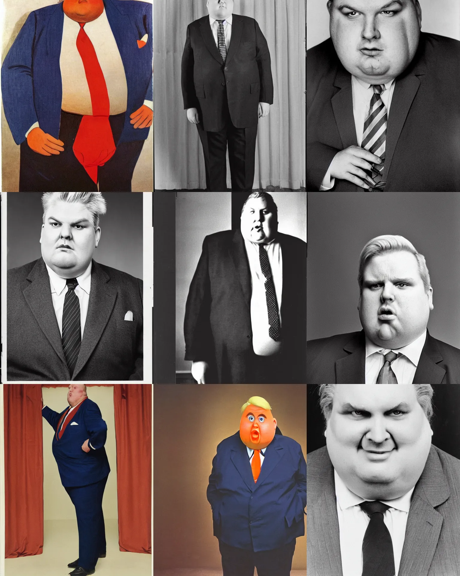 Prompt: photograph of a tall, angry, slightly obese man in his mid 7 0's, with blonde hair and an orange face, wearing a dark blue suit, a white shirt, and a red tie