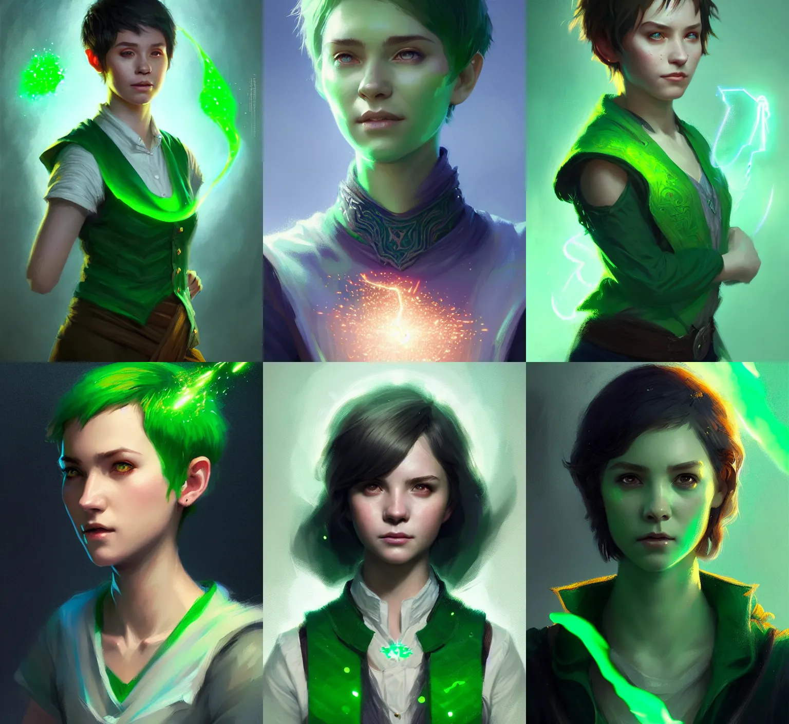 Prompt: Portrait of young female sorcerer, D&D fantasy, short green bobcut, magic particles in the air, distant expression, wearing a shirt and vest, intricate, highly detailed, digital painting, artstation, concept art, sharp focus, illustration, art by greg rutkowski and Ross Tran