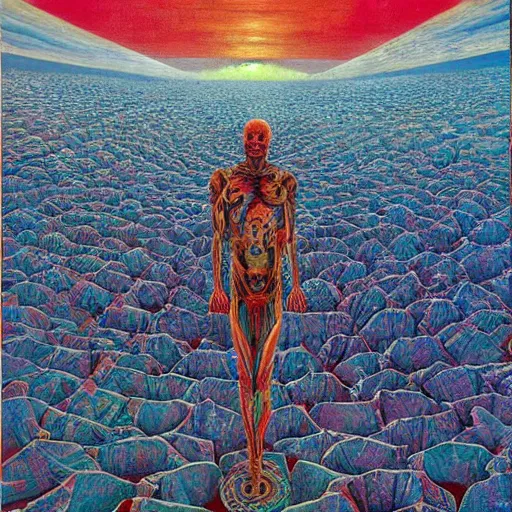 Prompt: a grand scale painting of lament configuration box floating above skinned bloody man in hell by clive barker and alex grey and lisa frank and beksinski