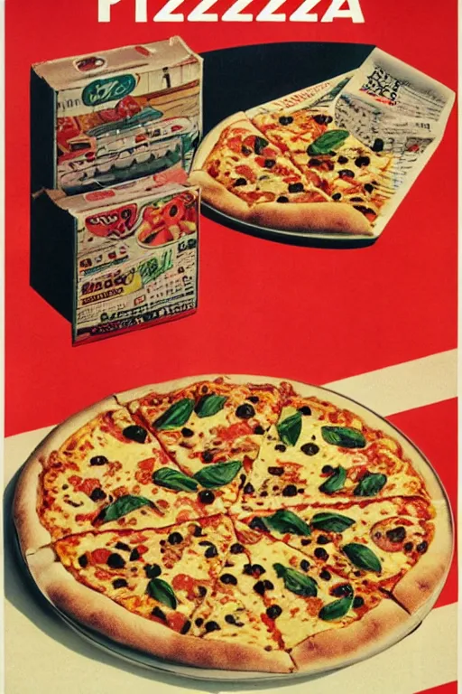 Image similar to pizza and pasta advertisment, still life, 1 9 7 0 s japan shouwa advertisement, print, nostalgic