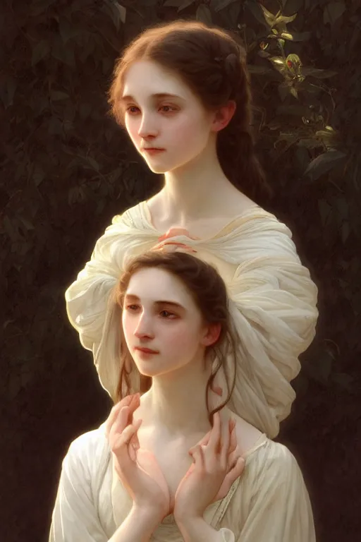 Image similar to Portrait of beautiful pale peasant girl, cinematic lighting, intricate, elegant, highly detailed, digital painting, artstation, smooth, sharp focus, illustration, art by artgerm and greg rutkowski and alphonse mucha and Wayne Barlowe and william-adolphe bouguereau