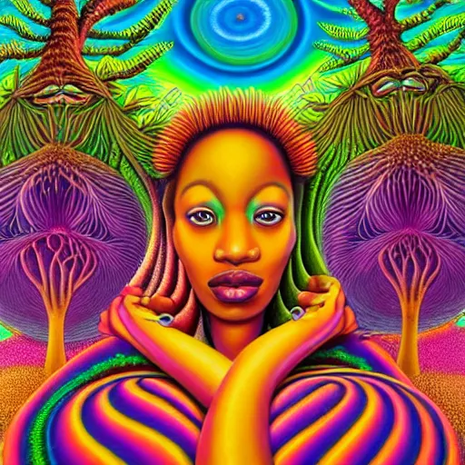 Image similar to a regal bbw african queen with colorful dreadlocks sitting in a cabana near a pink river with a large glowing baobab tree in the center, by amanda sage and alex grey and evgeni gordiets in a surreal psychedelic style, symmetrical, detailed eyes, oil on canvas 8k, hd