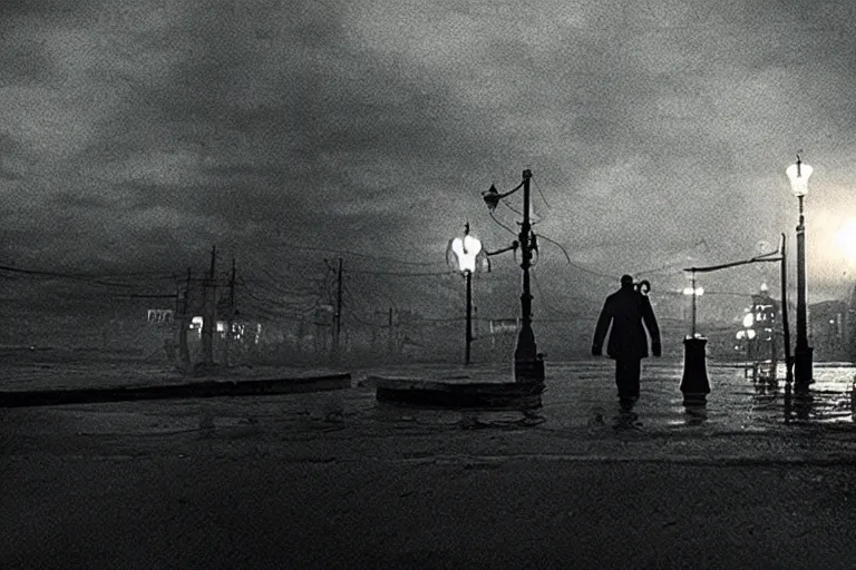 Prompt: film still of innsmouth, cinematic, moody, gritty neon noir by emmanuel lubezki