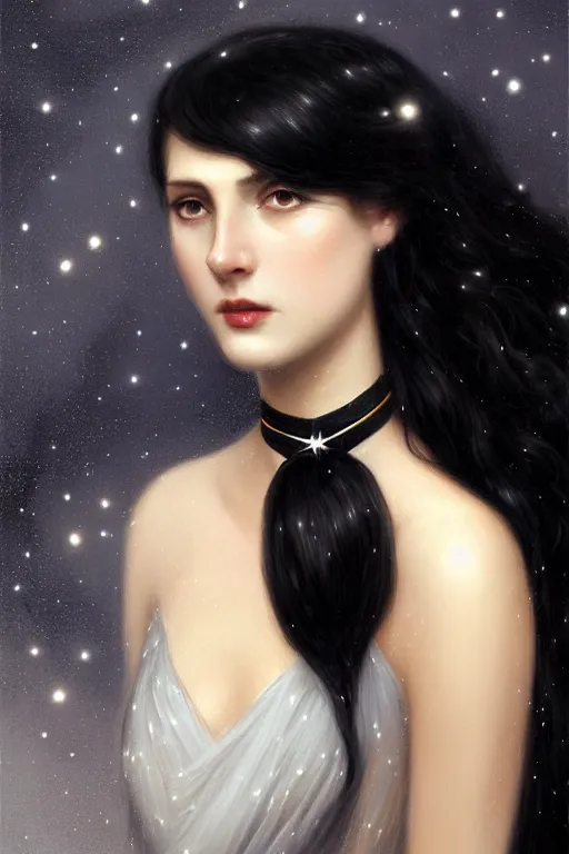 Image similar to Nocturne, glowing, stars, a long-legged elegant sultry woman, long black hair with white tips, pearl choker, highly detailed, mysterious, ethereal, dressed in black velvet, haute couture, illustration, dramatic lighting, soft details, painting, by Edmund Blair Leighton, Brom, Charlie Bowater, trending on artstation, faces by otto schmidt