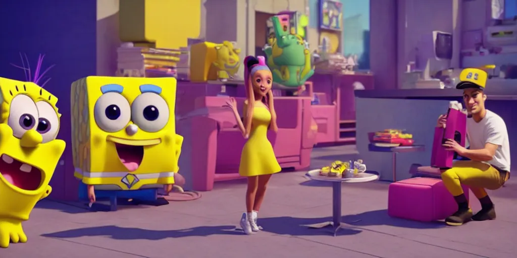Image similar to “animated Ariana grande and SpongeBob hanging out. 4. Octane render, 4k, 8k, unreal 5, very detailed, hyper realism, trending on artstation.”