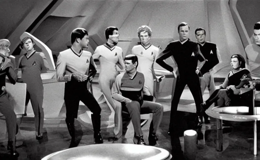 Prompt: a dramatic still from an episode of star trek. all characters are played by jack nicholson.