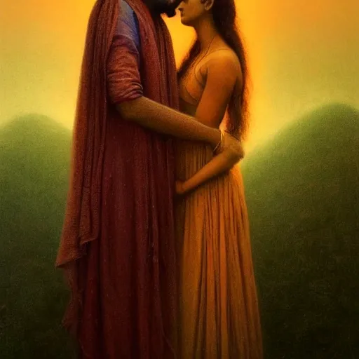 Image similar to perfectly - centered movie promotional poster - photograph of a young indian guy and a beautiful girl side profile faces symmetrical ; real life portrait by beksinski and jean delville, romantic theme, two lovers sharing one heart, unreal engine 5, photorealism, hd quality, 8 k resolution, cinema 4 d, hdr dramatic lighting ; symmetrical, cinematic, high coherence