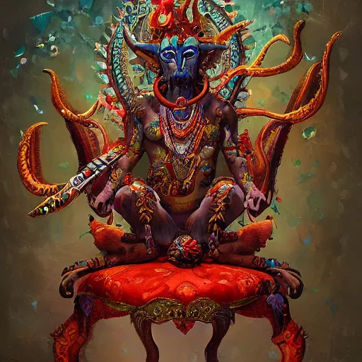 Image similar to a beautiful painting of a demon sitting on top of a chair, a high detailed painting by ram chandra shukla, by ali akbar sadeghi, pixiv contest winner, bengal school of art, symmetrical, coherent, maximalist, trending on artstation