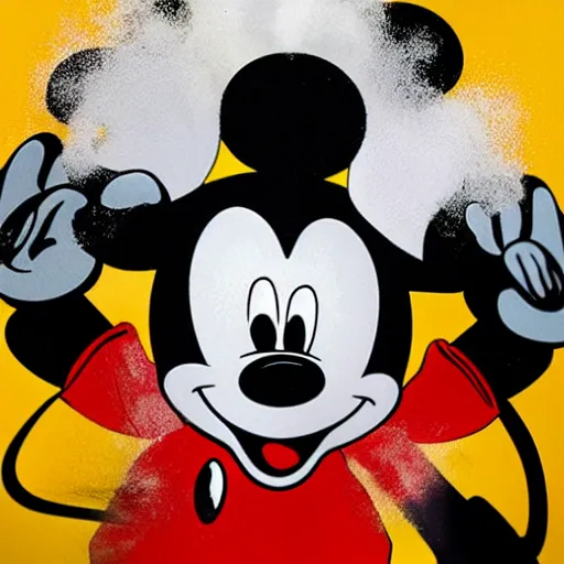 Prompt: mickey mouse exhaling a large hit from his bong, award winning surreal photography