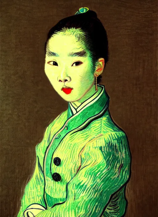 Image similar to portrait of a beautiful chinese shanghai city girl, danfeng eyes, open mouth, green shades, beautiful face, rule of thirds, intricate outfit, spotlight, painting by van gogh, digital