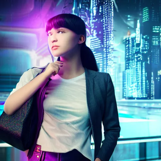 Image similar to a girl wearing a handbag from the future, cyberpunk background, highly detailed, epic lighting, 8 k