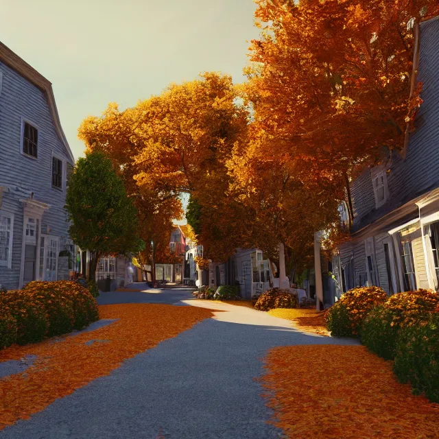 Image similar to small new england colonial city street with shops and pumpkins, maple trees with fall foliage, new hampshire mountain, stone walls, volumetric, realistic, cinematic lighting, ray tracing, unreal engine 5, octane render, hyper realistic, photo, 8 k