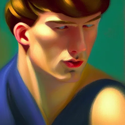 Prompt: A beautiful close-up of a young man, his hairstyle a side fringe, dressed like in the 1940s, digital art by Edward Hopper, vibrant color scheme, highly detailed, in the style of romanticism, fine Art, high detail, great lighting, 8k resolution, masterpiece, concept art, illustration, clear eyes, soft lighting, soft details, painting oil on canvas, octane render, HDR, trending on artstation, 4k, 8k, HD