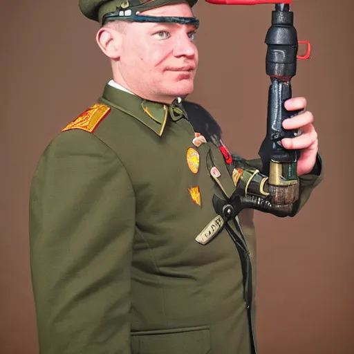 Image similar to beaver wearing russian military uniform with a drill for an arm