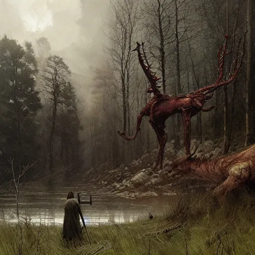 Image similar to annihilation ( 2 0 1 8 ) art by jakub rozalski, surreal mythological landscape by malczewski, legendary creature and animals heards