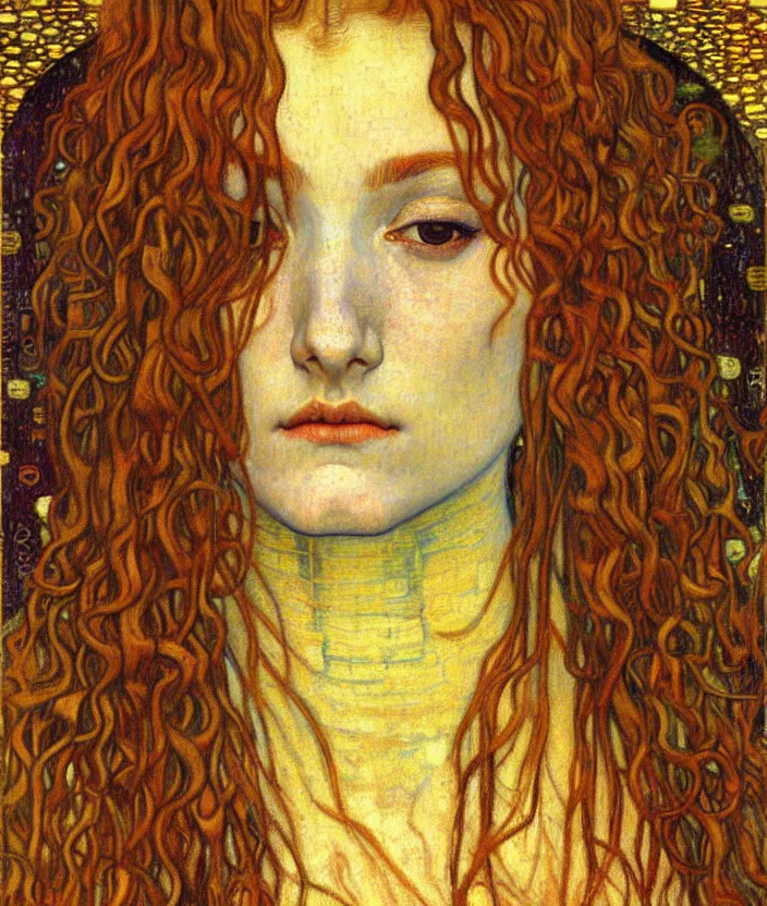 Image similar to detailed realistic beautiful young medieval queen face portrait by jean delville, gustav klimt and vincent van gogh, art nouveau, symbolist, visionary, gothic, pre - raphaelite, muted earthy colors, desaturated