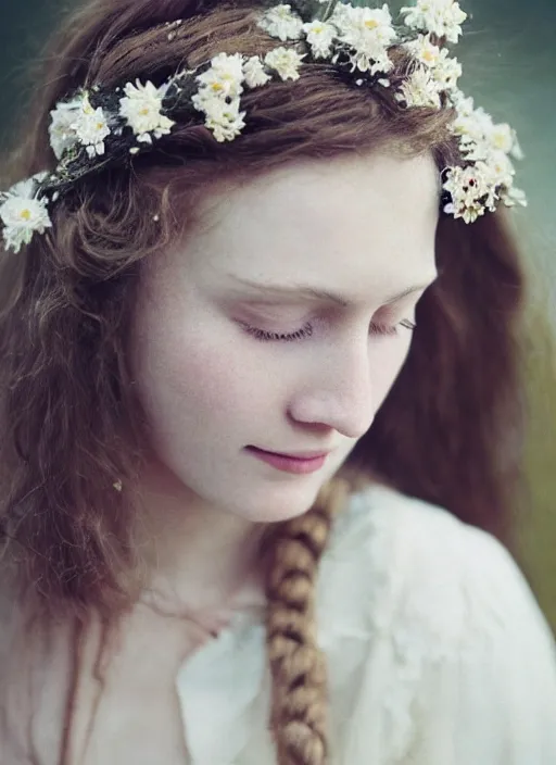 Image similar to Kodak Portra 400, 8K, soft light, volumetric lighting, highly detailed, britt marling style 3/4, Close-up portrait photography of a beautiful woman how pre-Raphaelites a woman with her eyes closed is surrounded by water, she has a beautiful lace dress and hair are intricate with highly detailed realistic beautiful flowers , Realistic, Refined, Highly Detailed, natural outdoor soft pastel lighting colors scheme, outdoor fine art photography, Hyper realistic, photo realistic