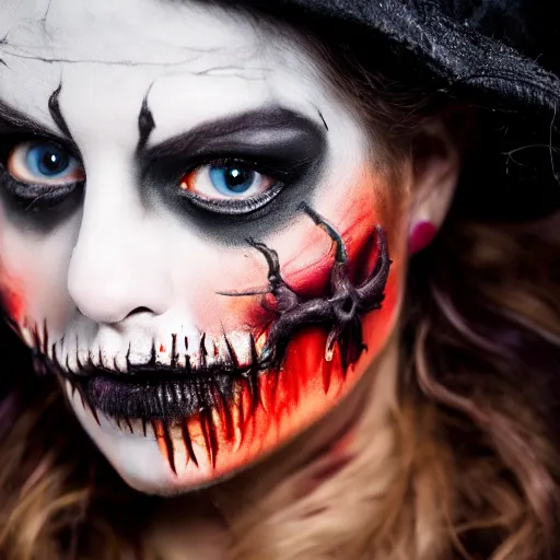 Prompt: closeup scary and gory halloween makeup, ( eos 5 ds r, iso 1 0 0, f / 8, 1 / 1 2 5, 8 4 mm, postprocessed, 4 k, postprocessed, crisp face, facial features )