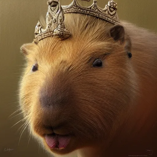 Image similar to detailed photorealistic painting of a capybara wearing a highly detailed ornamented crown typical, sharp focus in the style of ruan jia, Mandy jurgens, cinematic light, concept art, trending on artstation, photorealistic, ultra realistic