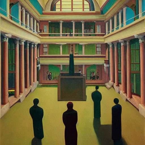 Image similar to grandiose atrium on coruscant, grant wood, pj crook, edward hopper, oil on canvas