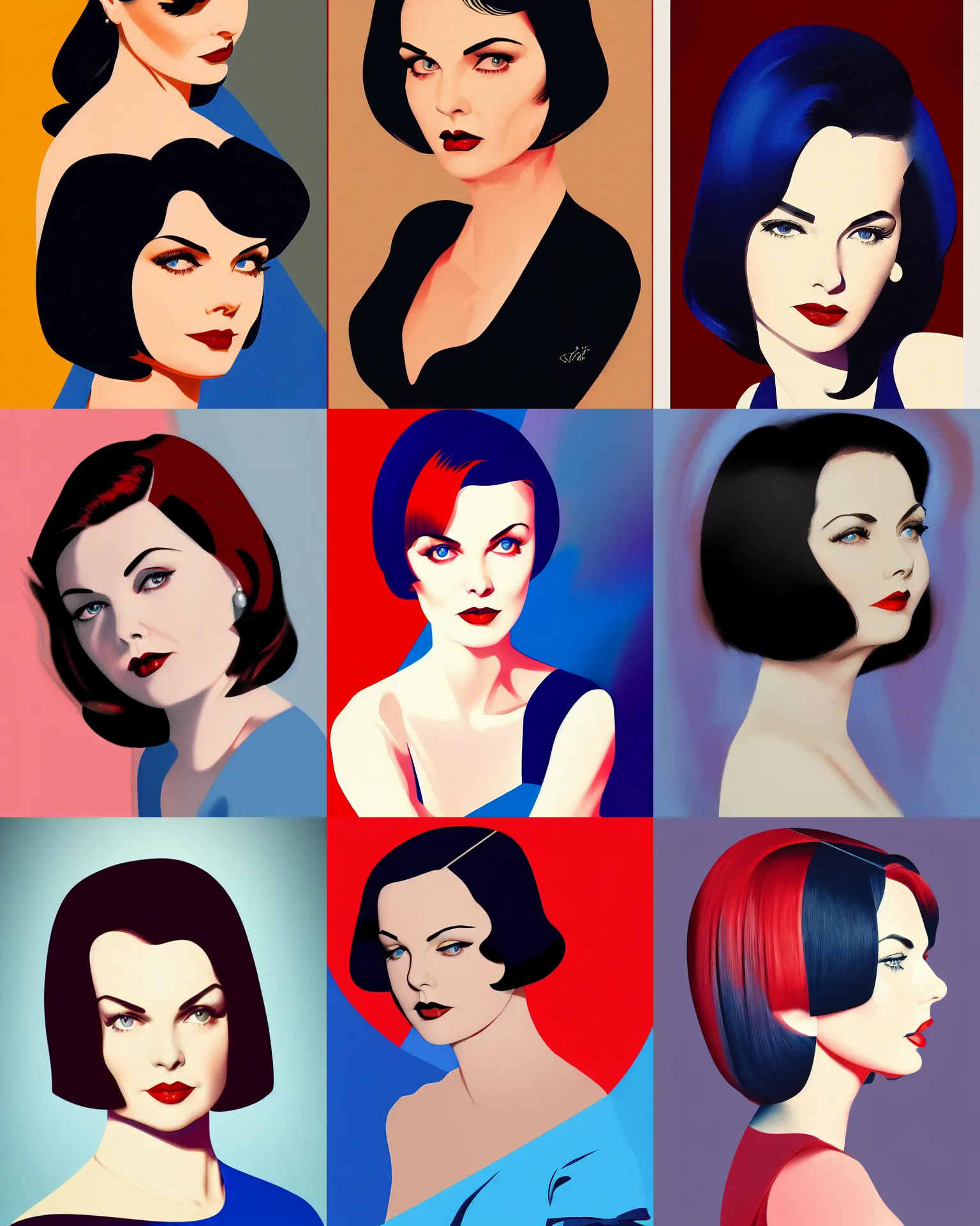 Prompt: sherilyn fenn 2 6 years old combined with mary louise brooks, bob haircut, portrait by stanley artgerm, dramatic lighting, ilya kuvshinov, trending on artstation, flat colour, geometric curves, gradient filter, red and blue back light