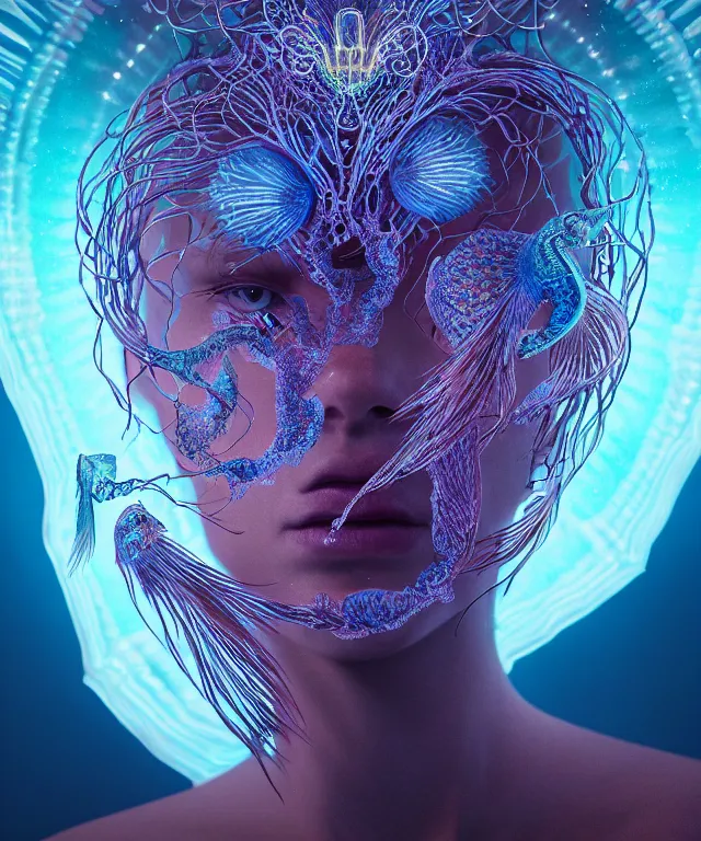 Image similar to symmetrical, centered, close-up portrait of goddess wearing crown made of betta fish, phoenix, bioluminiscent elements, intricate artwork by Tooth Wu and wlop and beeple. octane render, trending on artstation, greg rutkowski very coherent symmetrical artwork. cinematic, hyper realism, high detail, octane render, 8k