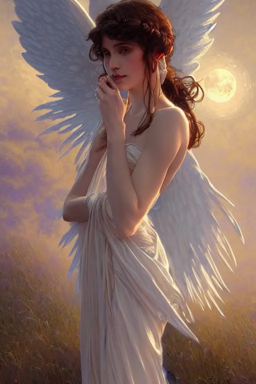 Image similar to Angels in white gauze dresses, the glow of the moonlight, fantasy, intricate, elegant, highly detailed, digital painting, artstation, concept art, matte, sharp focus, illustration, art by Artgerm and Greg Rutkowski and Alphonse Mucha