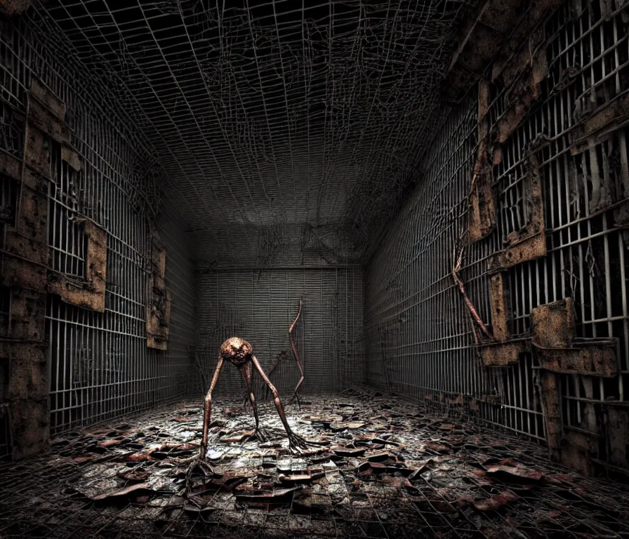 Prompt: creepy huge humanoid with long limbs sits on the floor. An underground very dark gloomy multi-layered structure of rusty thick iron grates, dense chain-link fencing and peeling walls. Inside view, collapsed floors, bent rusted iron, masterpiece, black background, corners, cinematic, hyperdetailed, photorealistic, hyperrealism, octane render, 8k, depth of field, bokeh, architecture, shadows, art by Zdzisław Beksiński, Dariusz Zawadzki