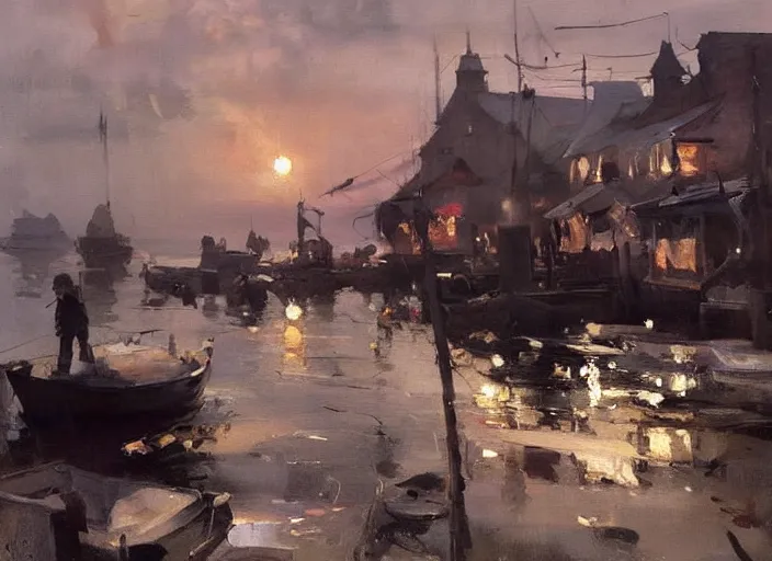 Image similar to oil painting of fishing village in dawn by anders zorn, wonderful art by greg rutkowski, incredible lighting, shadows, beautiful cinematic light, american romanticism by greg manchess, very bright and optimistic, warm and cold contrast, heat and freezing