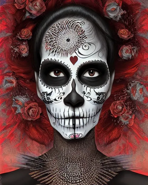 Prompt: dia de los muertos theme surrealist!!!! art in the styles of igor morski, jim warren, and aida muluneh, intricate, hyperrealistic, accurate facial details, profile picture with chromakey!!!!! background, volumetric lighting