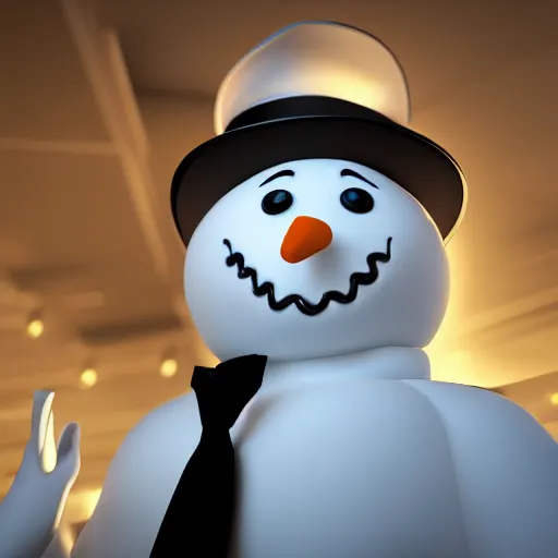 Image similar to a highly detailed humanoid snowman in business suit with black eyes and mouth, no nose, hyperrealism, professional, octane render, full length, digital art