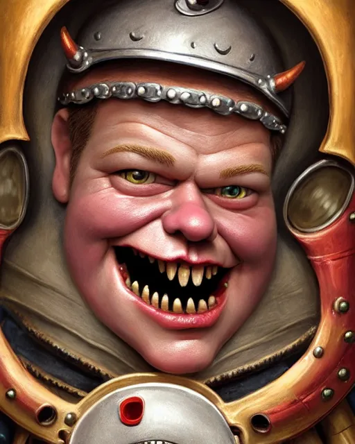 Image similar to highly detailed closeup, face profile portrait of a tin toy matt damon as a medieval demon with horns eating cakes in a castle, hyper realistic, artstation, illustration, nicoletta ceccoli, mark ryden, lostfish, dan decarlo, bob clampett, max fleischer, digital paint, matte paint, vivid colors, detailed and intricate environment