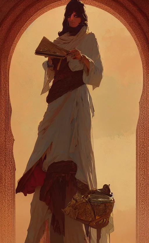 Image similar to a personification of the country morocco, highly detailed, digital painting, artstation, concept art, sharp focus, illustration, art by greg rutkowski and alphonse mucha