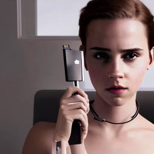 Image similar to a girl who is a mix of emma watson and scarlett johansson and nathalie portman, using a device to connect herself to a computer through an usb cable and a port in her arm, cables, it, very detailled, by david rutkowski and artgem