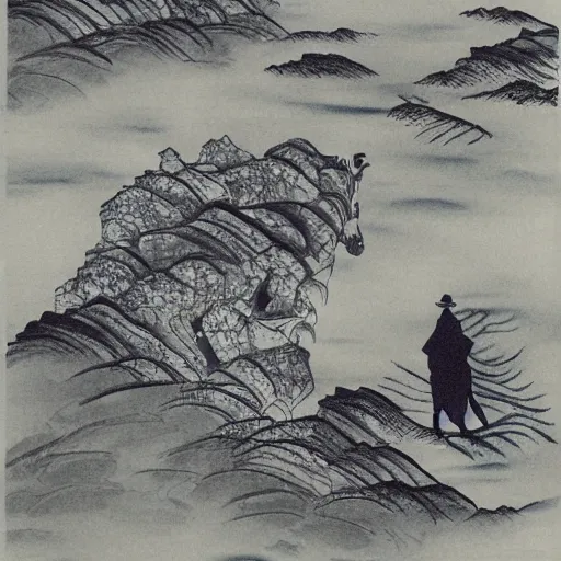 Image similar to giraffe in a bot on a stormy sea at the base of cliffs, japanese style ink art,