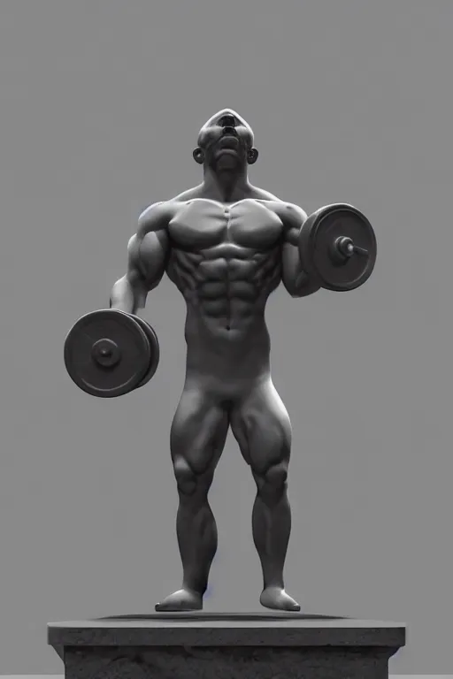 Image similar to the statue in marble of a crossfitter with a mustache holding a dumbell, mattepainting, global illumination, concept Blizzard pixar maya engine on stylized background