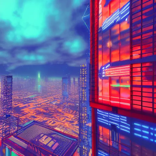 Image similar to sanatic cyberpunk world neon lighting high buildings cloudy sky cinematic lighting