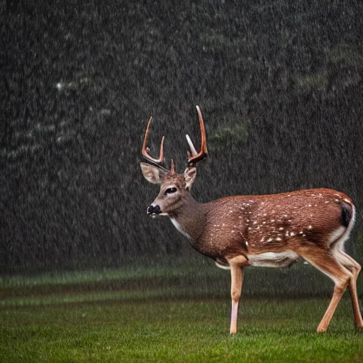 Image similar to 4 k hdr wide angle detailed portrait of a deer soaking wet standing in the rain showers during a storm with thunder clouds overhead and moody stormy lighting sony a 7