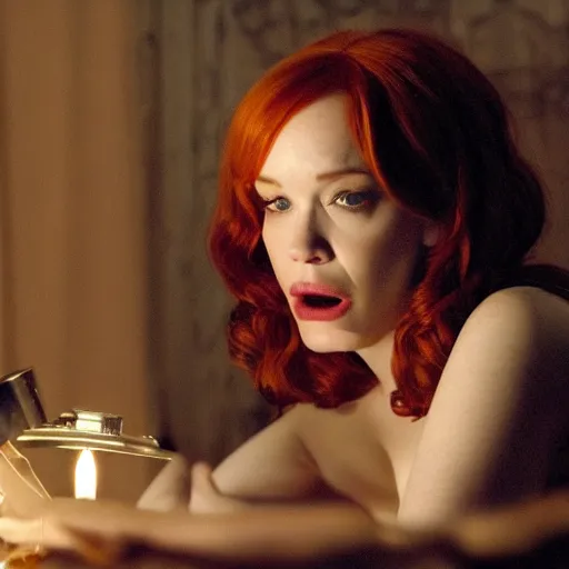 Image similar to amazing beautiful Christina Hendricks with mouth wide open in the living room, film still from the movie directed by Denis Villeneuve , wide lens