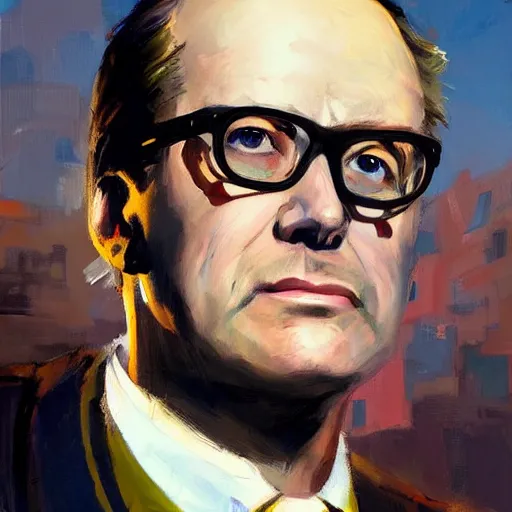 Image similar to greg manchess portrait painting of ghostbuster dr. raymond stantz overwatch character, medium shot, asymmetrical, profile picture, organic painting, sunny day, matte painting, bold shapes, hard edges, street art, trending on artstation, by huang guangjian and gil elvgren and sachin teng