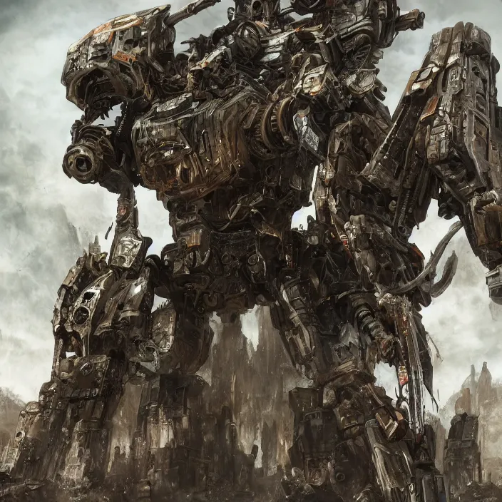 Image similar to human next to mech - warrior, hyper - detailed, sharp focus, 4 k ultra hd, fantasy dark art, apocalyptic art