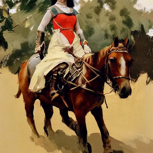 Image similar to portrait of woman wearing medieval clothing on horseback galloping, detailed by greg manchess, craig mullins, bernie fuchs, walter everett