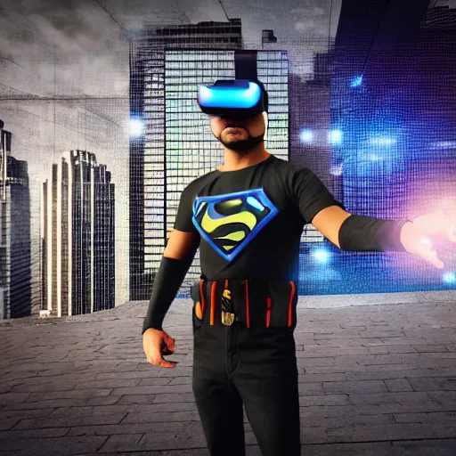 Image similar to Super hero wearing a virtual reality headset in big city, render, ray tracing