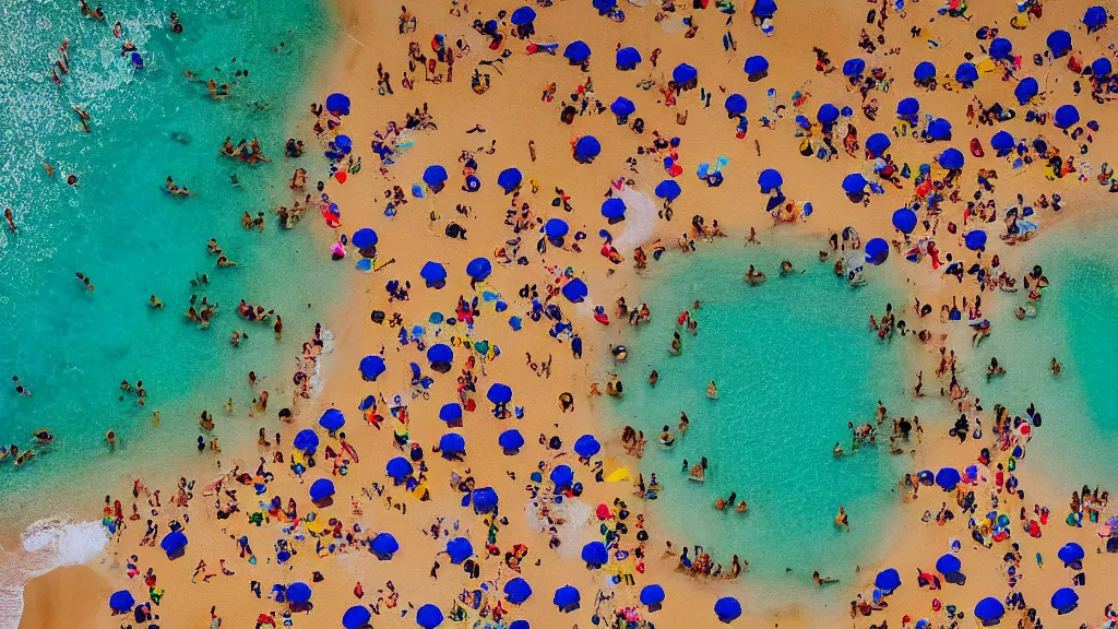 Image similar to photograph beachscapes satellite view imagery, Aerial view of beautiful sandy beach with hundreds of umbrellas and sea, Aerial of a crowded sandy beach with colourful 1970s umbrellas sun bathers and swimmers during summer, golden sand and clear blue sea, by Tommy Clarke and Joshua Jensen-Nagle