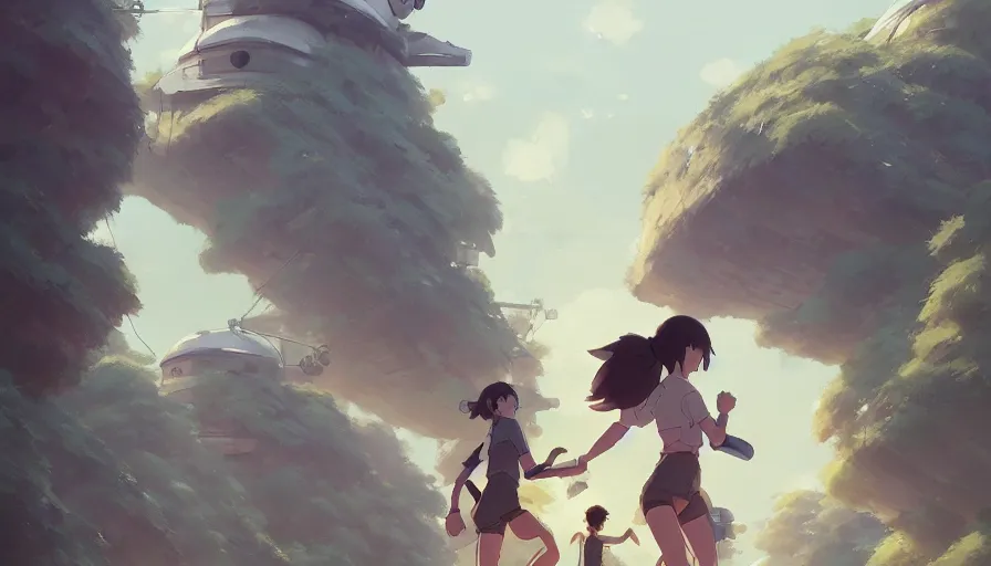 Prompt: people and robots run a marathon, studio ghibli artgerm greg rutkowski makoto shinkai, artstation