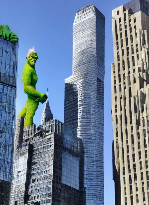 Prompt: a giant skyscraper with the face of shrek