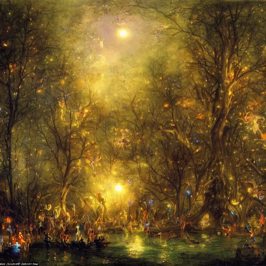 Prompt: a night carnival fairies around a magical tree cavity, with a surreal orange moonlight and fireworks in the background, next to a lake with iridiscent water, christmas lights, volumetric lightning, creatures and fantastic people disguised as fantastic creatures in a magical forest by summer night, masterpieceunderwater scene, masterpiece painted by andreas achenbach, scene by night