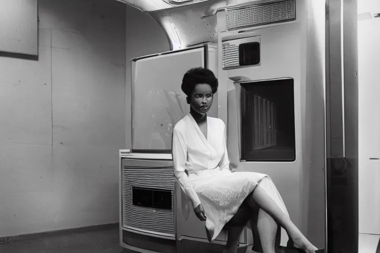 Prompt: beautiful woman robot sitting inside of a galaxy fridge, from 1985, bathed in the glow of a crt television, crt screens in background, low-light photograph, in style of Tyler Mitchell